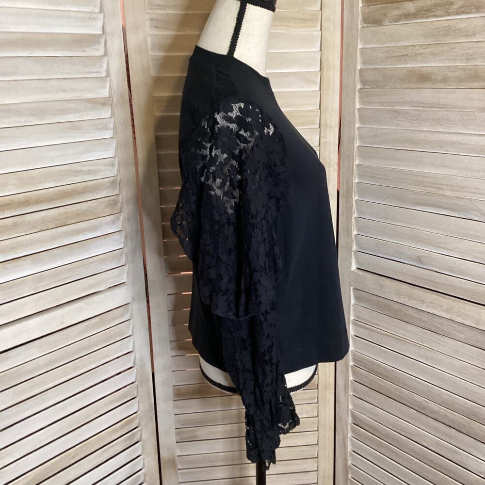 See by Chloe Cropped T Shirt Long Lace Ruffle Sleeve Black Cotton S - Picture 4 of 12